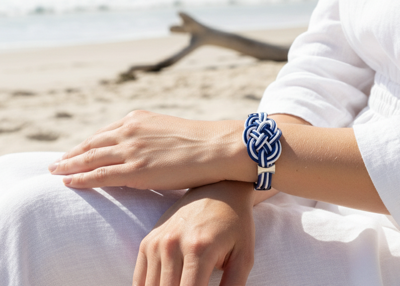 Pulsera con nudo marinero en cuero azul y blanco