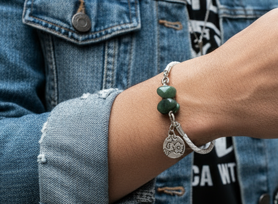Pulsera de cuero blanco trenzado y jade verde