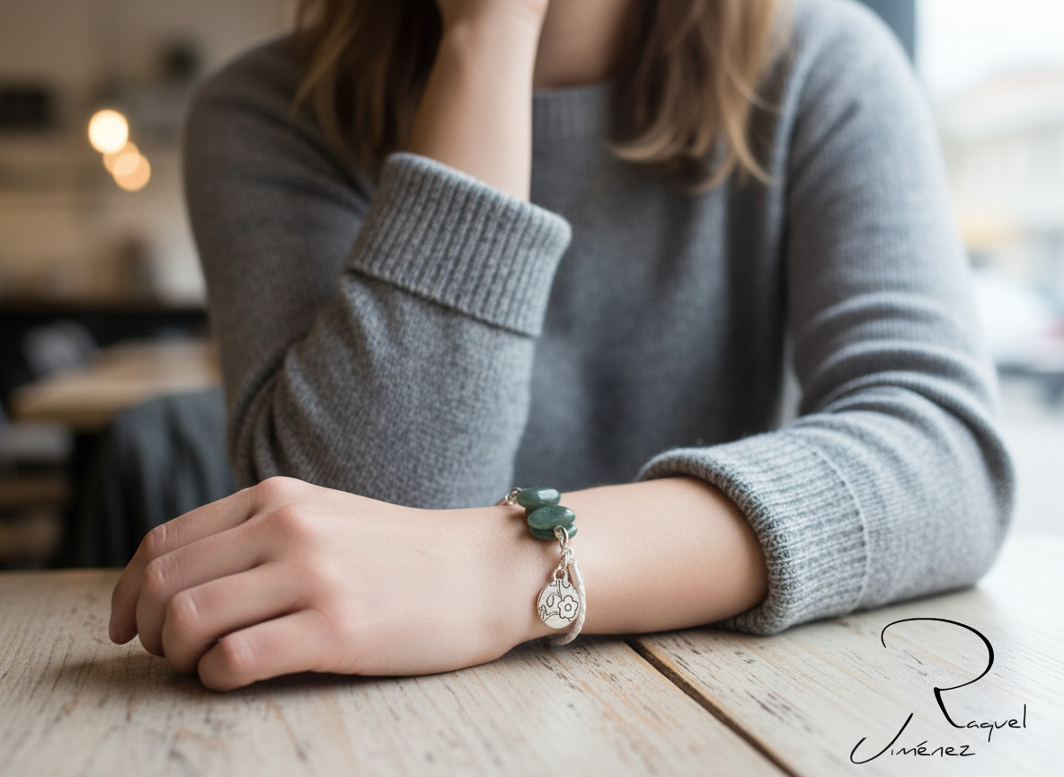 Pulsera de cuero blanco trenzado y jade verde