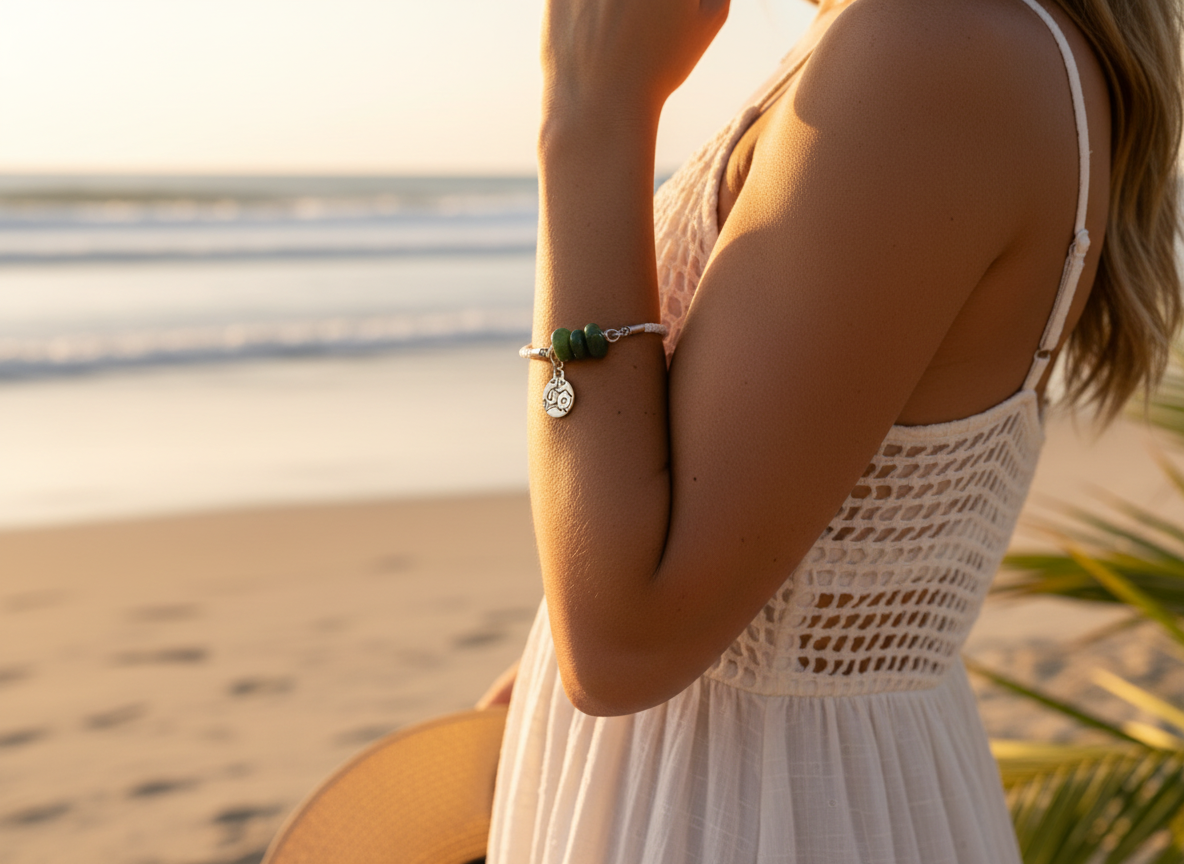 Bracelet tressé en cuir blanc et jade vert