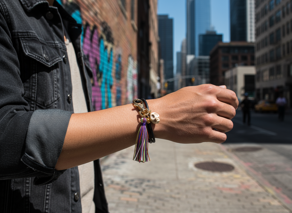 Black leather bracelet with skull with multicolor pompom