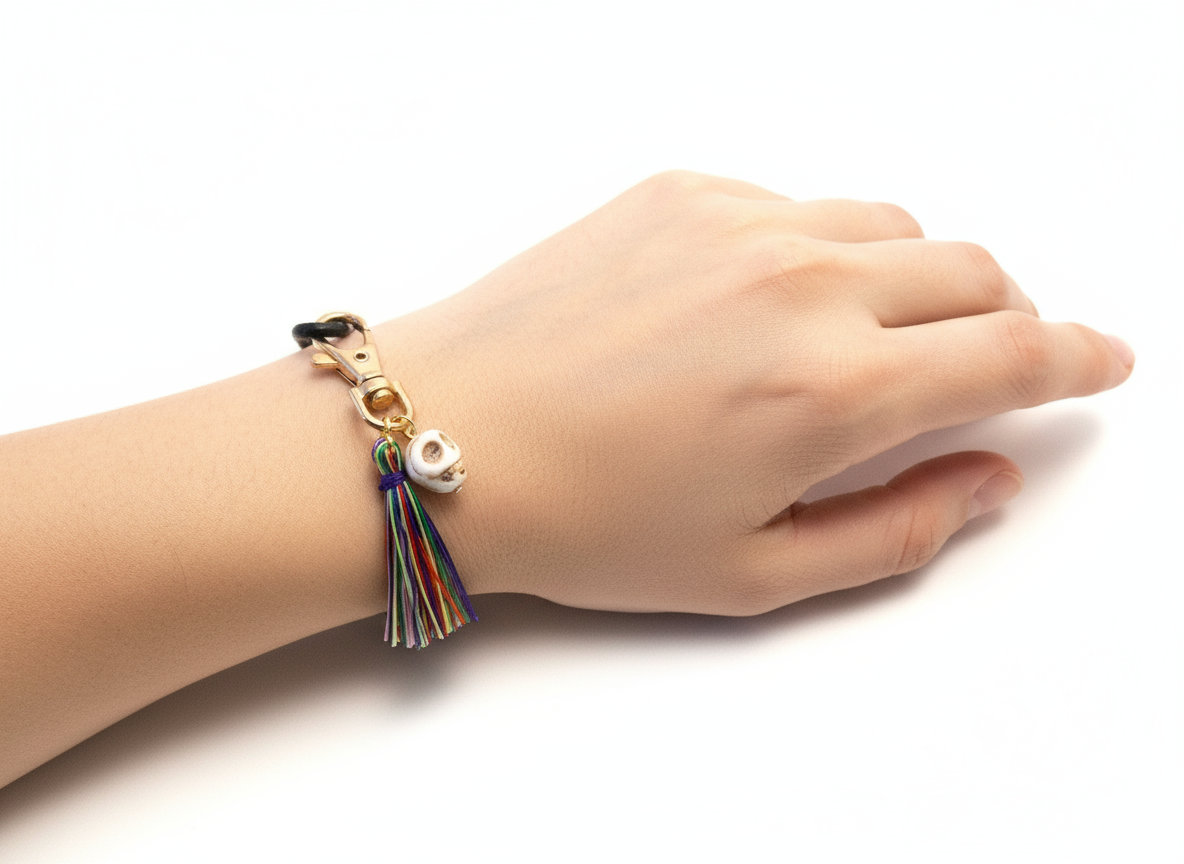 Black leather bracelet with skull with multicolor pompom