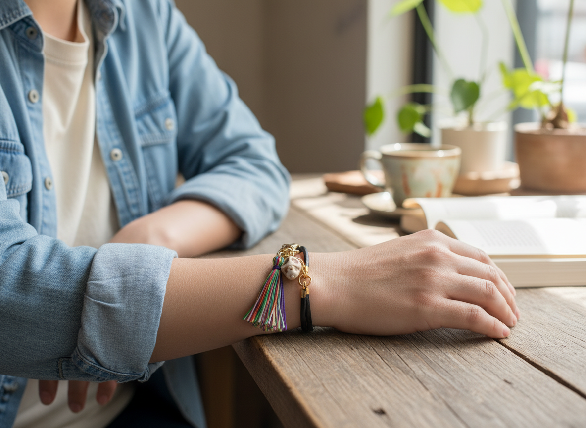 Pulsera de cuero negro con calavera con pompón multicolor