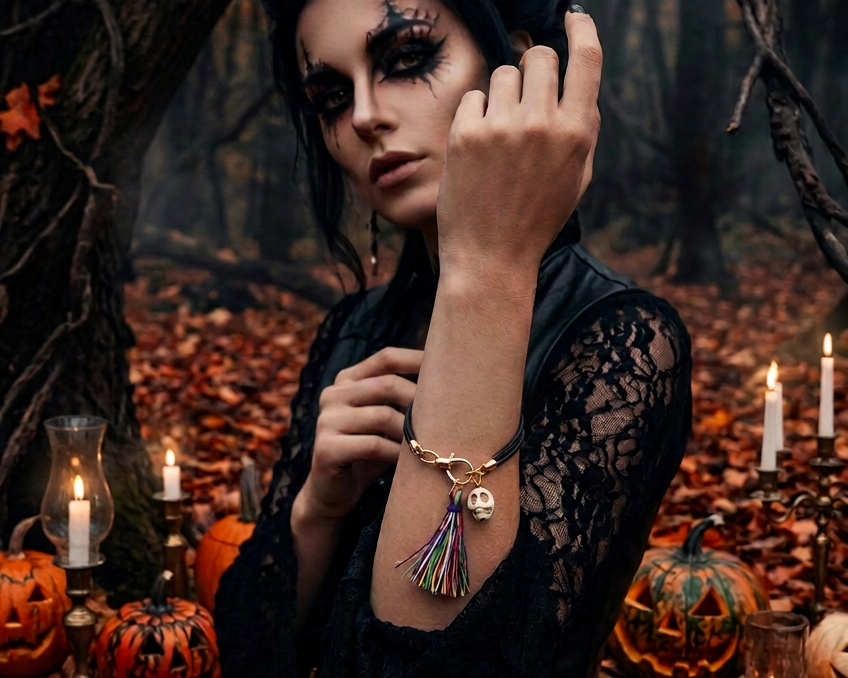 Bracelet cuir noir tête de mort avec pompon multicolore