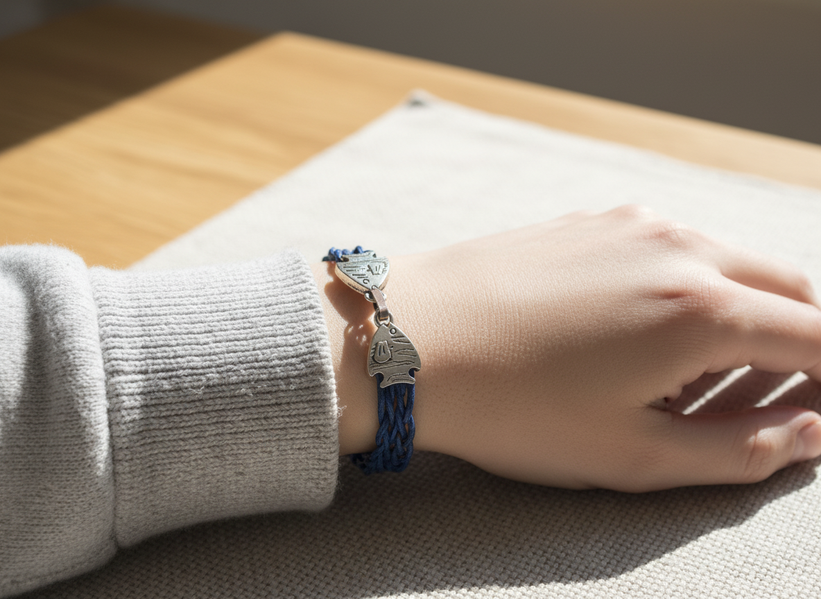 Braided sailor style bracelet in nautical blue with fish clasp