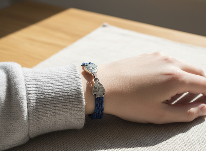 Braided sailor style bracelet in nautical blue with fish clasp