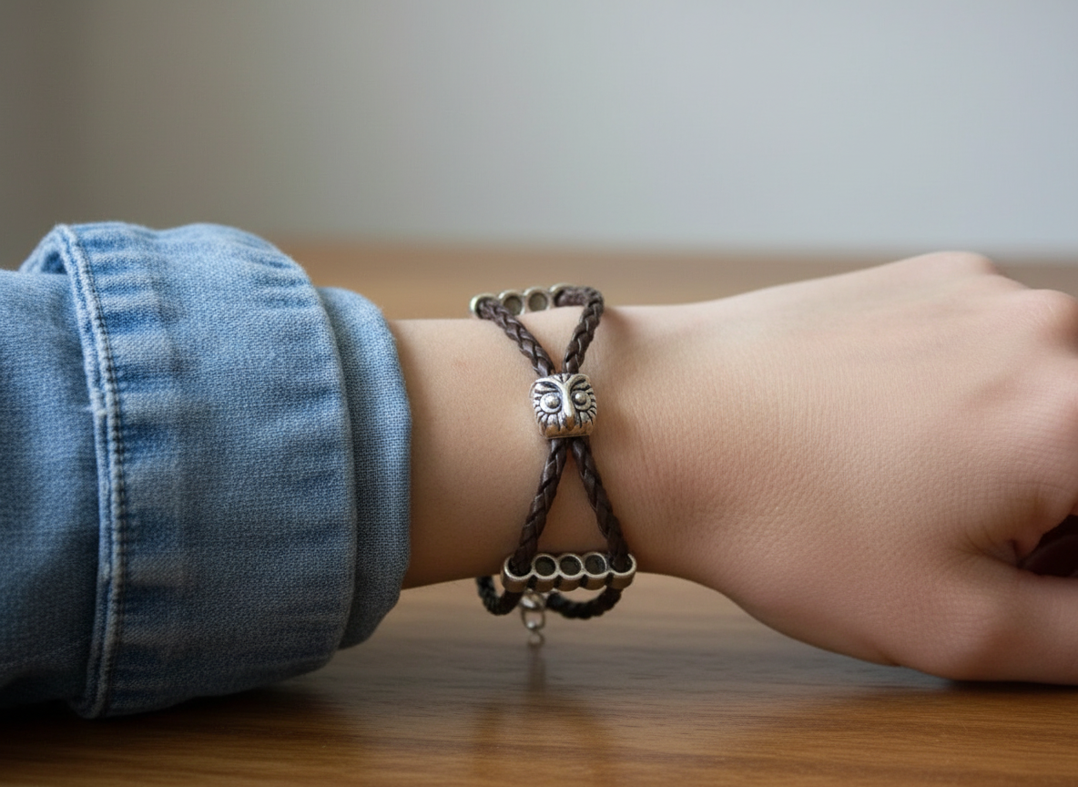 Pulsera de cuero trenzado con búho de la suerte