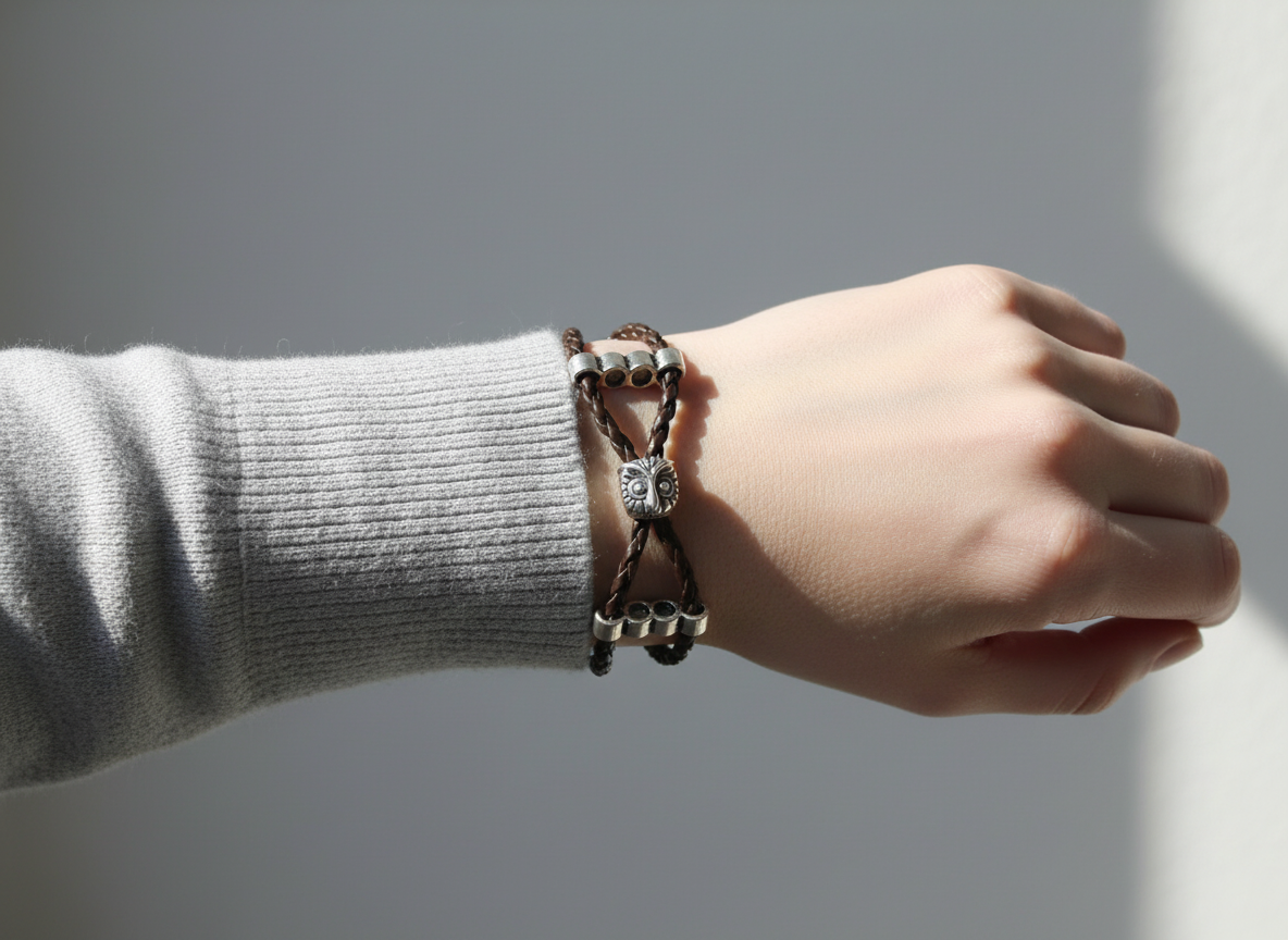 Pulsera de cuero trenzado con búho de la suerte