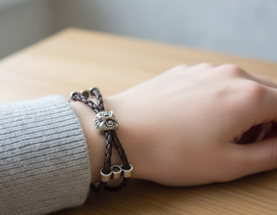 Pulsera de cuero trenzado con búho de la suerte