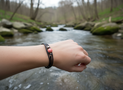 Pulsera coral rojo de dos vueltas de cuero