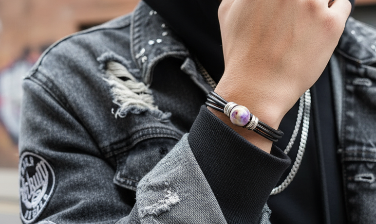 Bracelet double en cuir avec boule en céramique décorée