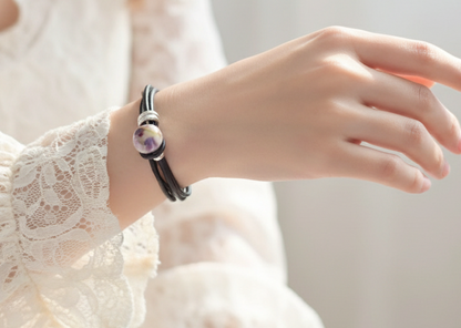 Bracelet double en cuir avec boule en céramique décorée