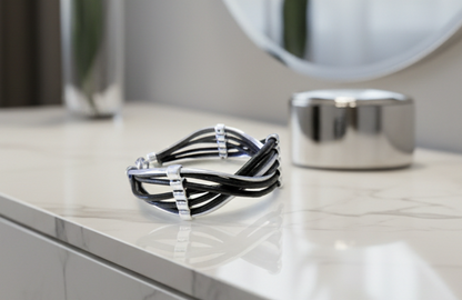 Unisex black and silver braided leather bracelet