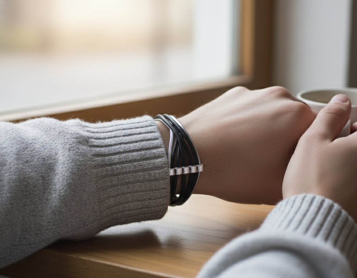 Unisex black and silver braided leather bracelet