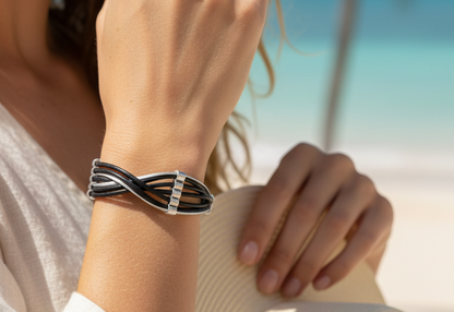 Unisex black and silver braided leather bracelet