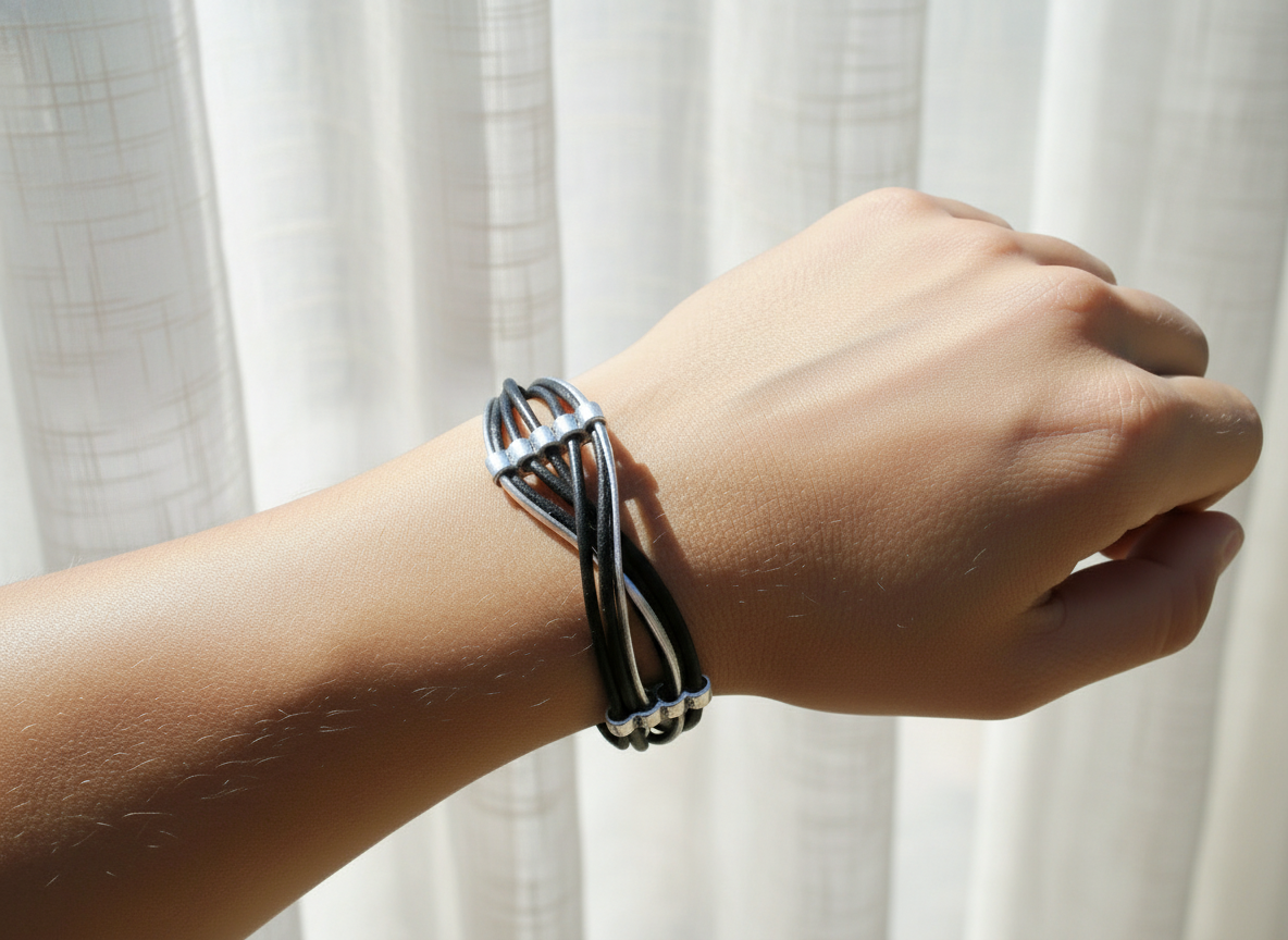 Unisex black and silver braided leather bracelet