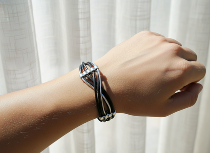 Unisex black and silver braided leather bracelet
