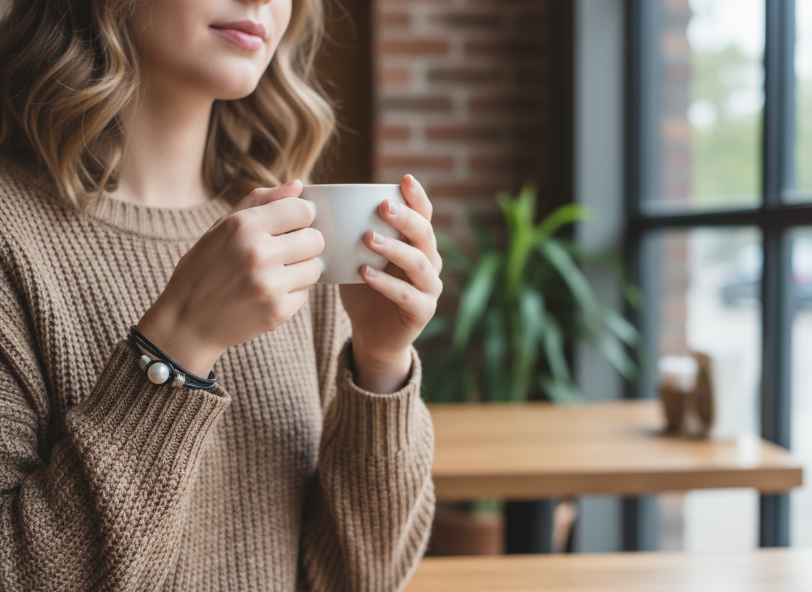 Bracelet double en cuir noir avec perle blanche