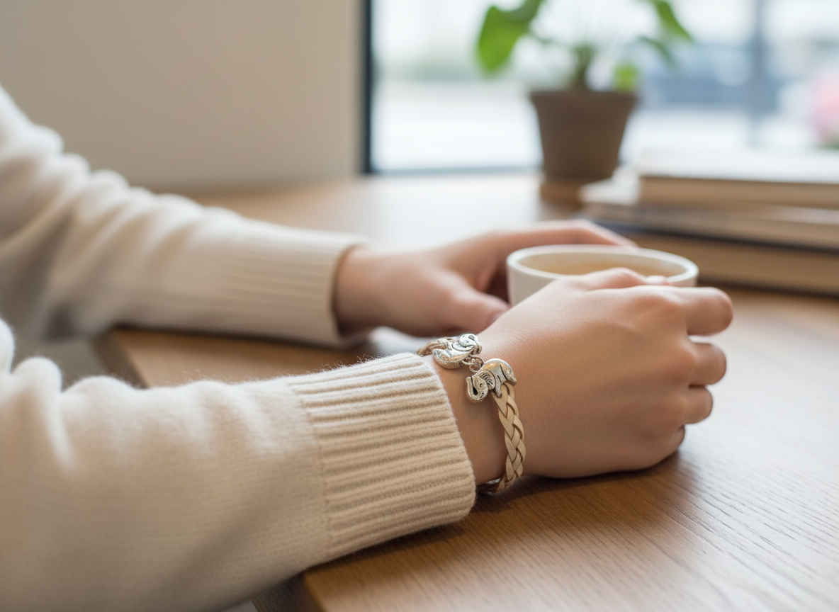 Bracelet en cuir tressé blanc avec éléphants porte-bonheur