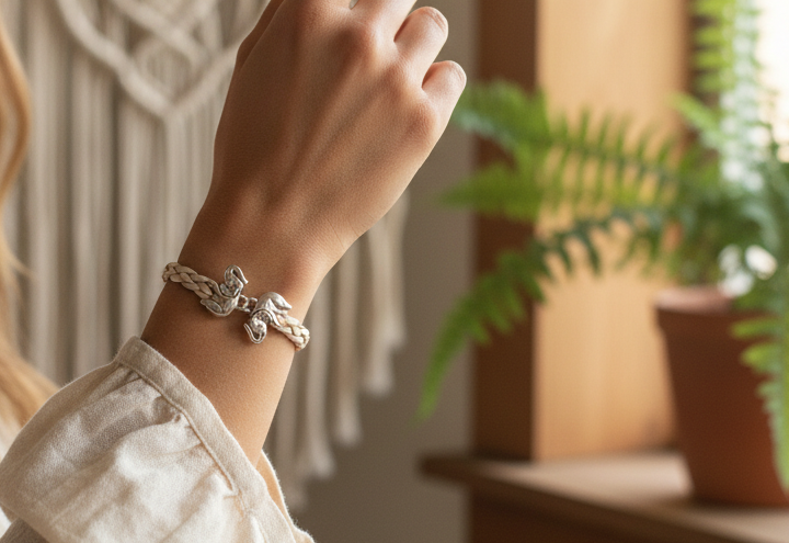 Pulsera de cuero trenzado blanco con elefantes de suerte