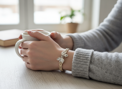 Bracelet en cuir tressé blanc avec éléphants porte-bonheur