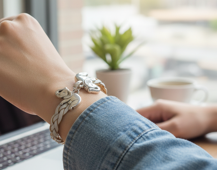 Pulsera de cuero trenzado blanco con elefantes de suerte