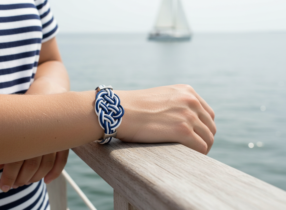 Pulsera con nudo marinero en cuero azul y blanco