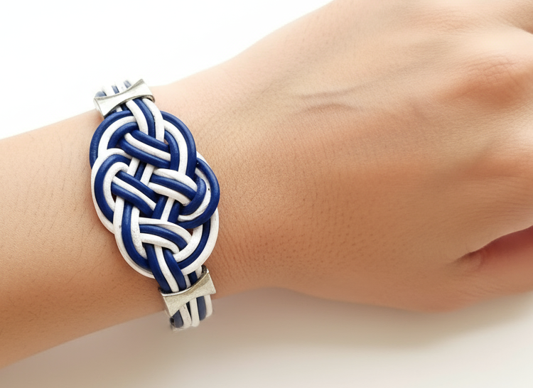 Pulsera con nudo marinero en cuero azul y blanco