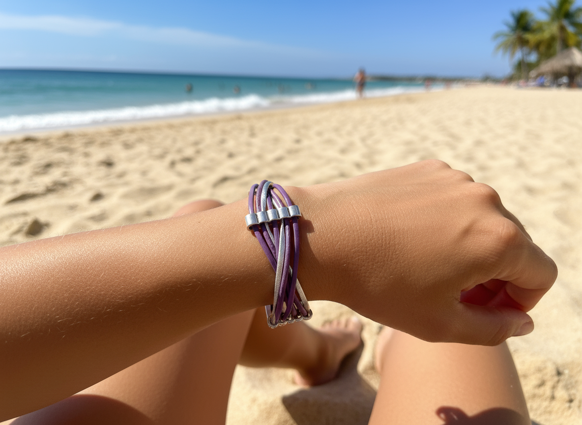 Bracelet en cuir tressé violet et argent