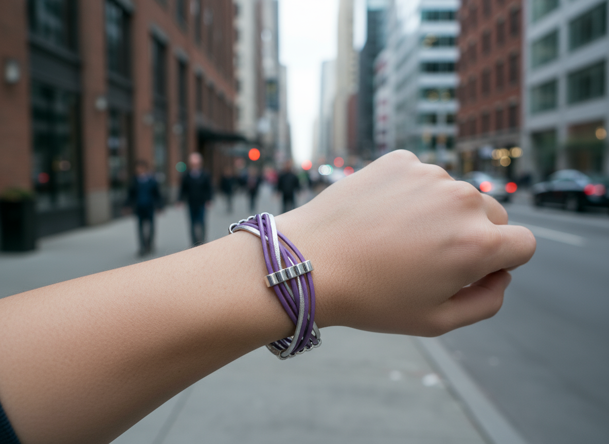 Bracelet en cuir tressé violet et argent