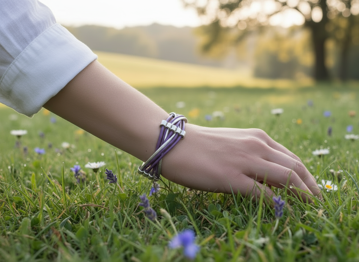 Bracelet en cuir tressé violet et argent