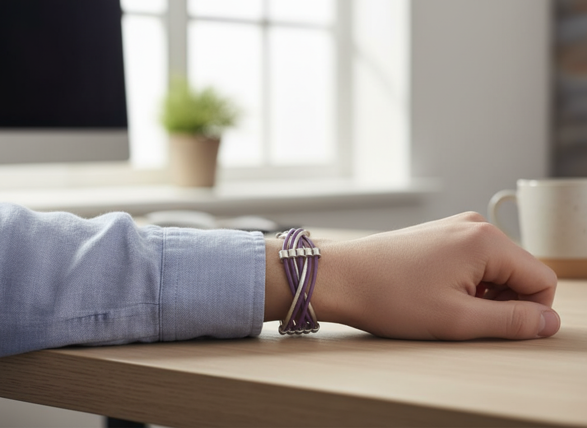 pulsera cuero trenzado morado y plata