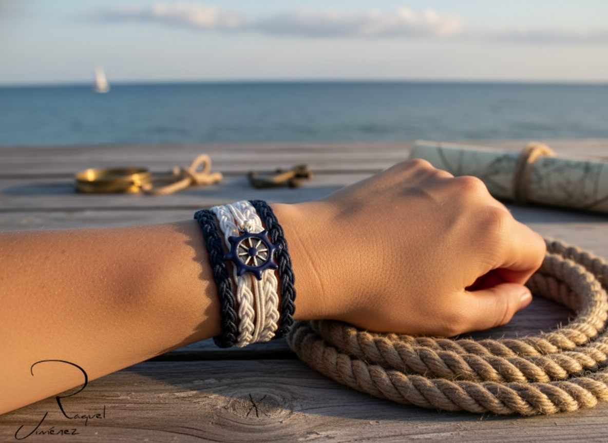 Pulsera estilo náutico en algodón azul y blanco con adorno de un timón. Raquel Jiménez  Artesanía 