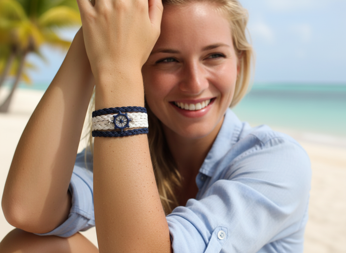 Pulsera estilo náutico en algodón azul y blanco con adorno de un timón. Raquel Jiménez  Artesanía 