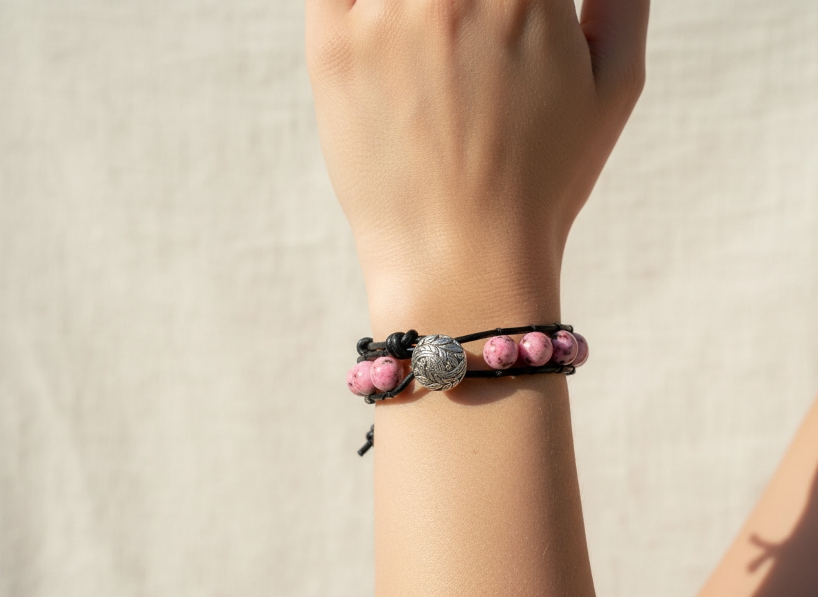 Pulsera cuero estilo chan luu con bolas  rodonita.