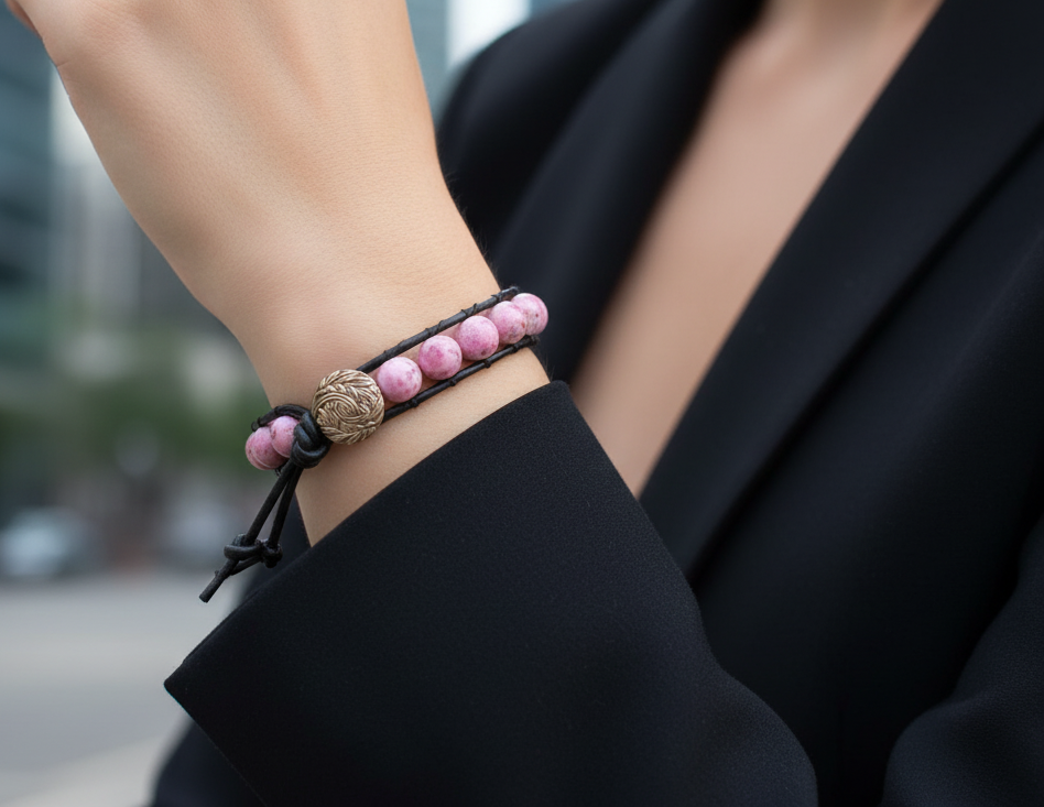 pulsera de cuero y bolas rosa jaspeado rodonita