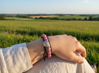 pulsera de cuero y bolas rosa jaspeado rodonita