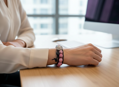 pulsera de cuero y bolas rosa jaspeado rodonita