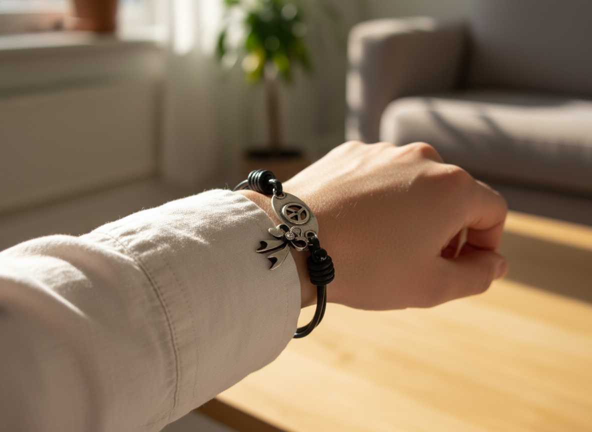pulsera de cuero estilo hippie con simbolo de la paz . Raquel Jimenez  Artesanía