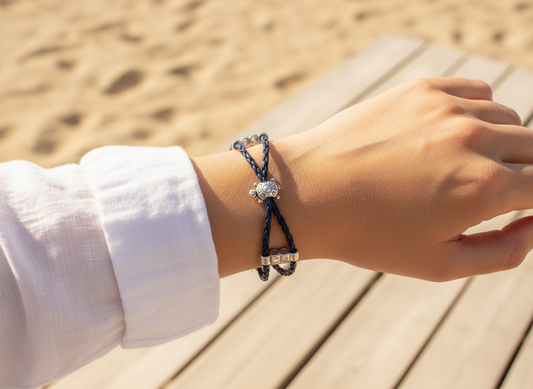 Bracelet en cuir tressé bleu tortue Good Luck