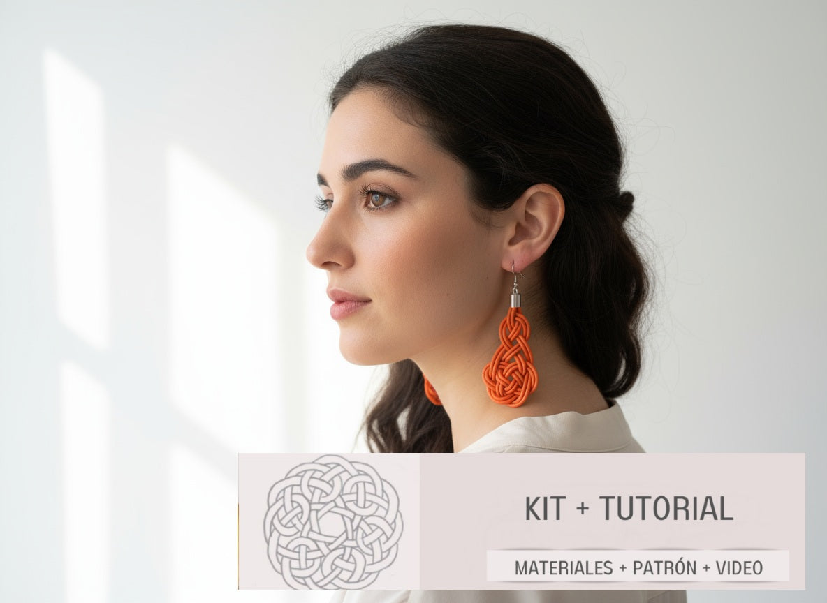 Kit avec tutoriel et matériel pour boucles d'oreilles macramé cuir et argent.