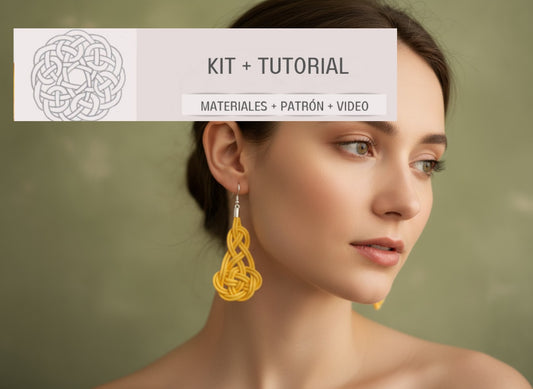 Kit con tutorial y materiales para pendientes de macramé de cuero y plata.