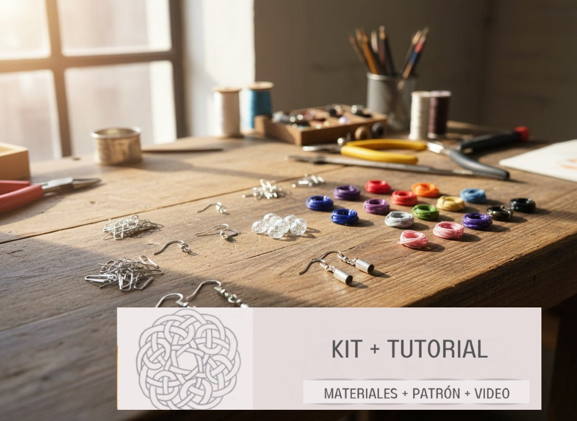 Kit avec tutoriel et matériel pour boucles d'oreilles macramé cuir et argent.