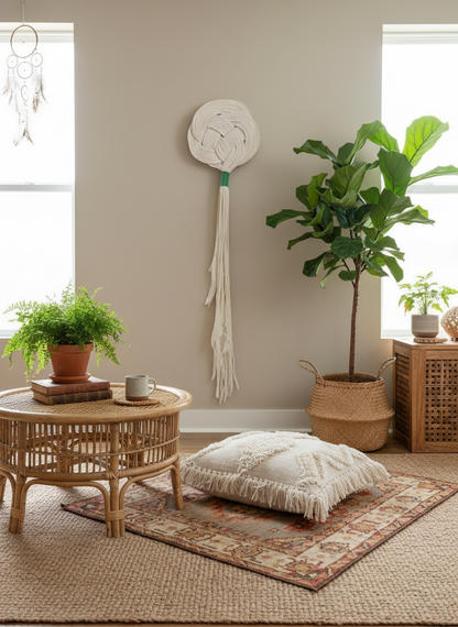 Tapiz de macramé para decoración de pared en color arena y verde