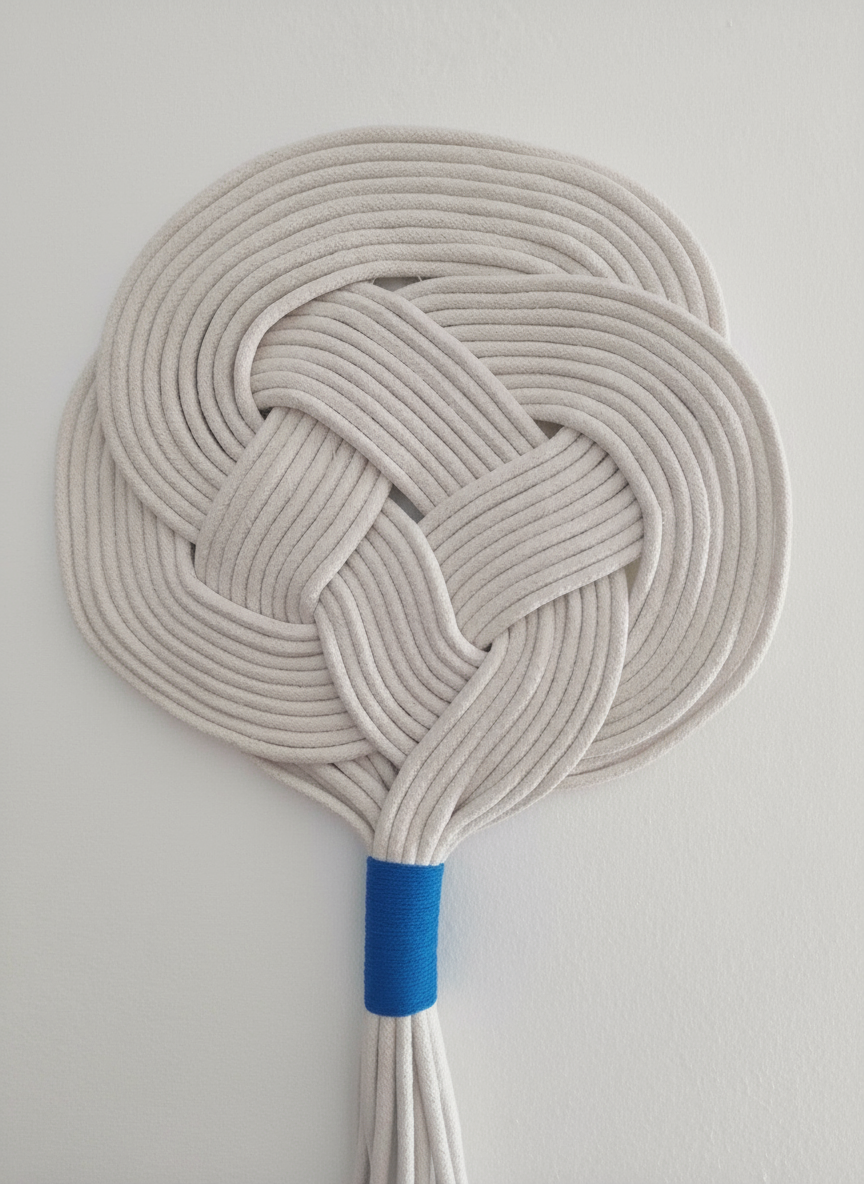 Tapiz de macramé para decoración de pared en color arena y  toques de azul