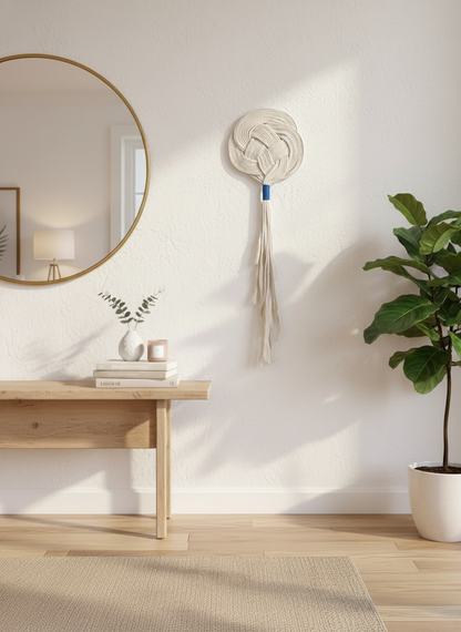 Tapiz de macramé para decoración de pared en color arena y  toques de azul