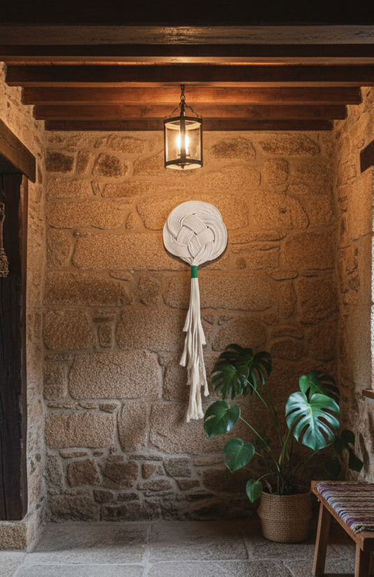 Tapiz de macramé para decoración de pared en color arena y verde