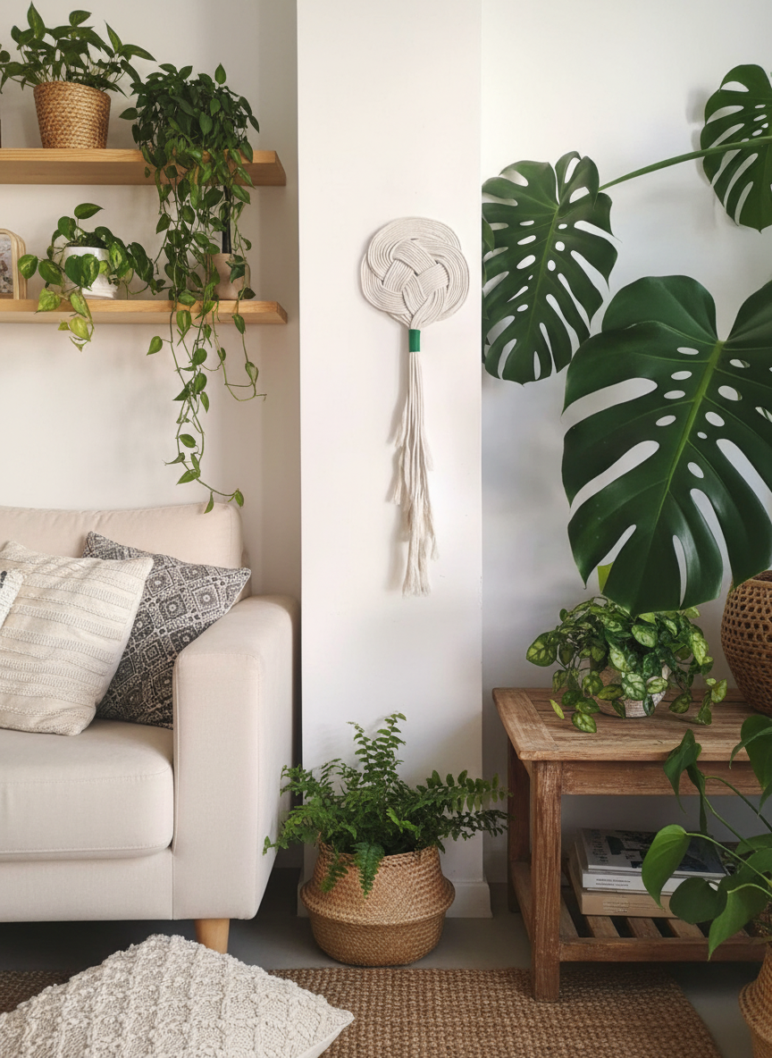 Tapiz de macramé para decoración de pared en color arena y verde