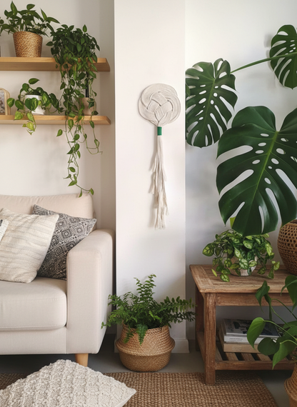 Tapiz de macramé para decoración de pared en color arena y verde