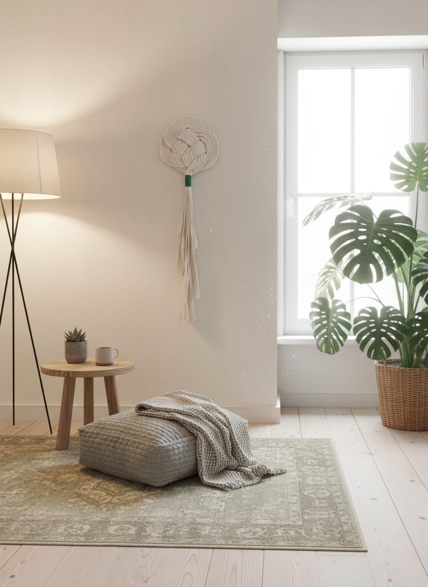 Tapisserie Macramé pour Décoration Murale de Couleur Sable et Vert